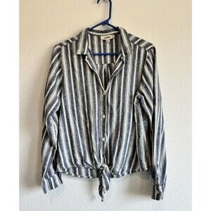 Jak & Rae Women's Blue Striped Button Down Shirt Long Sleeve Linen Blend Medium